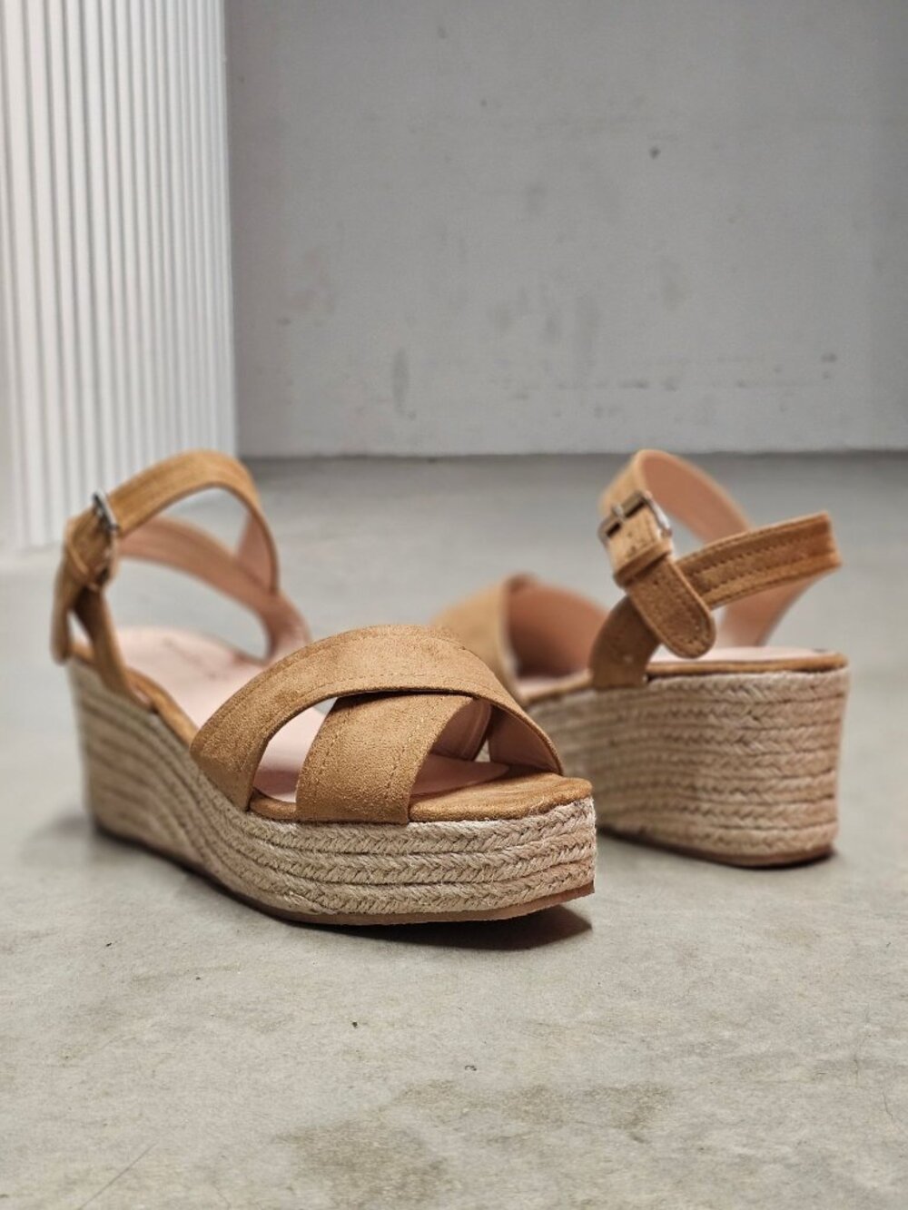 Camel Suede Espadrille Wedge Sandals With Ankle Strap & Buckle Closure For Women